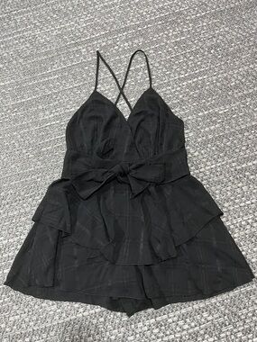 Black V Neck Ruffled Romper Dress With A Tied Waist